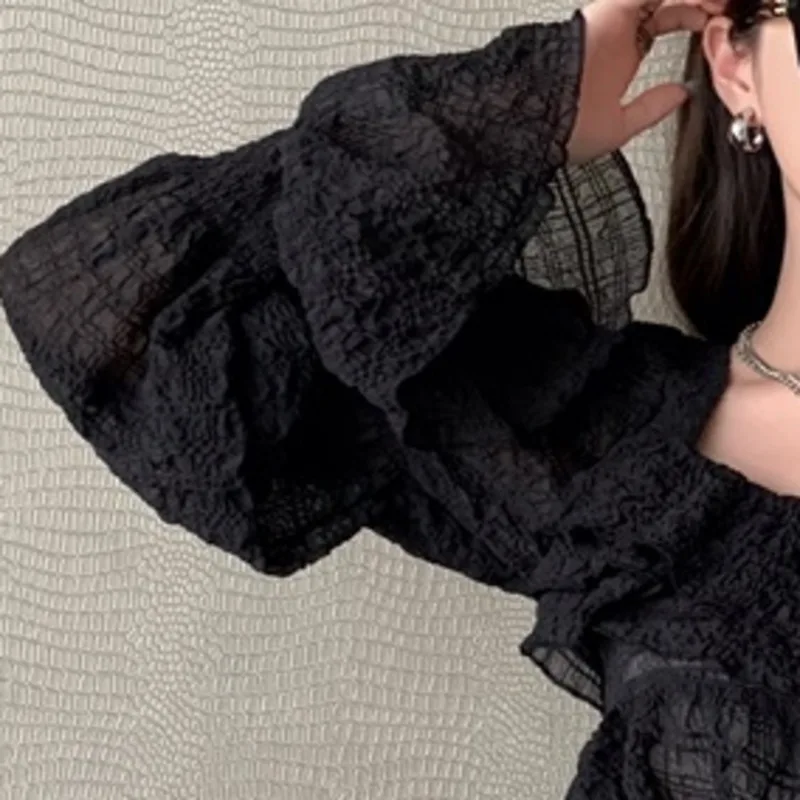 

High Quality Hepburn Vintage Pleated Bud Two-piece Sets Women Long Sleeve Crop Top + Elastic Waist Skirts Suits Ensembles Femme