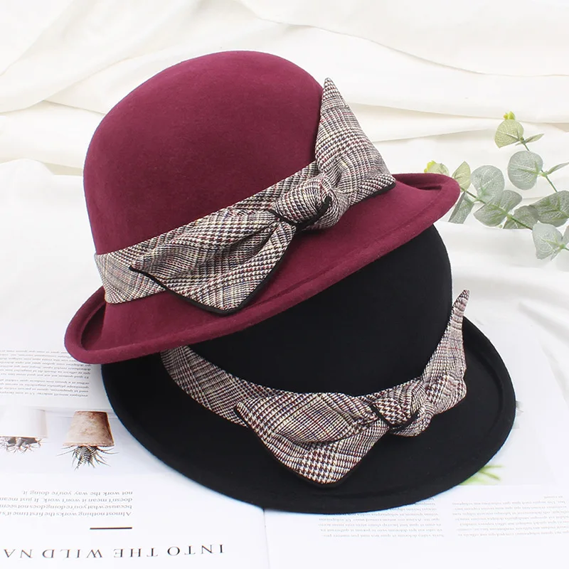 USPOP женские шерстяные шляпы осень зима толстые шапки клетчатые с бантом обжимные
