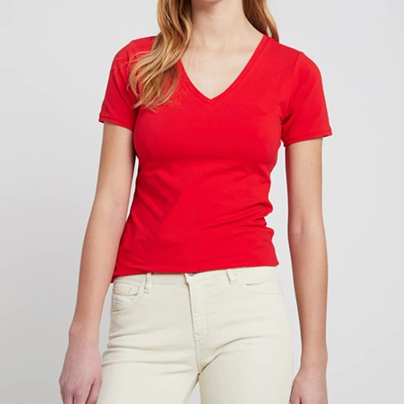 

Tomi High Quality Women's Embroidery Short-sleeved T Shirt Lady 100% Cotton Casual Short Sleeve V-neck Short Femme T Shirt