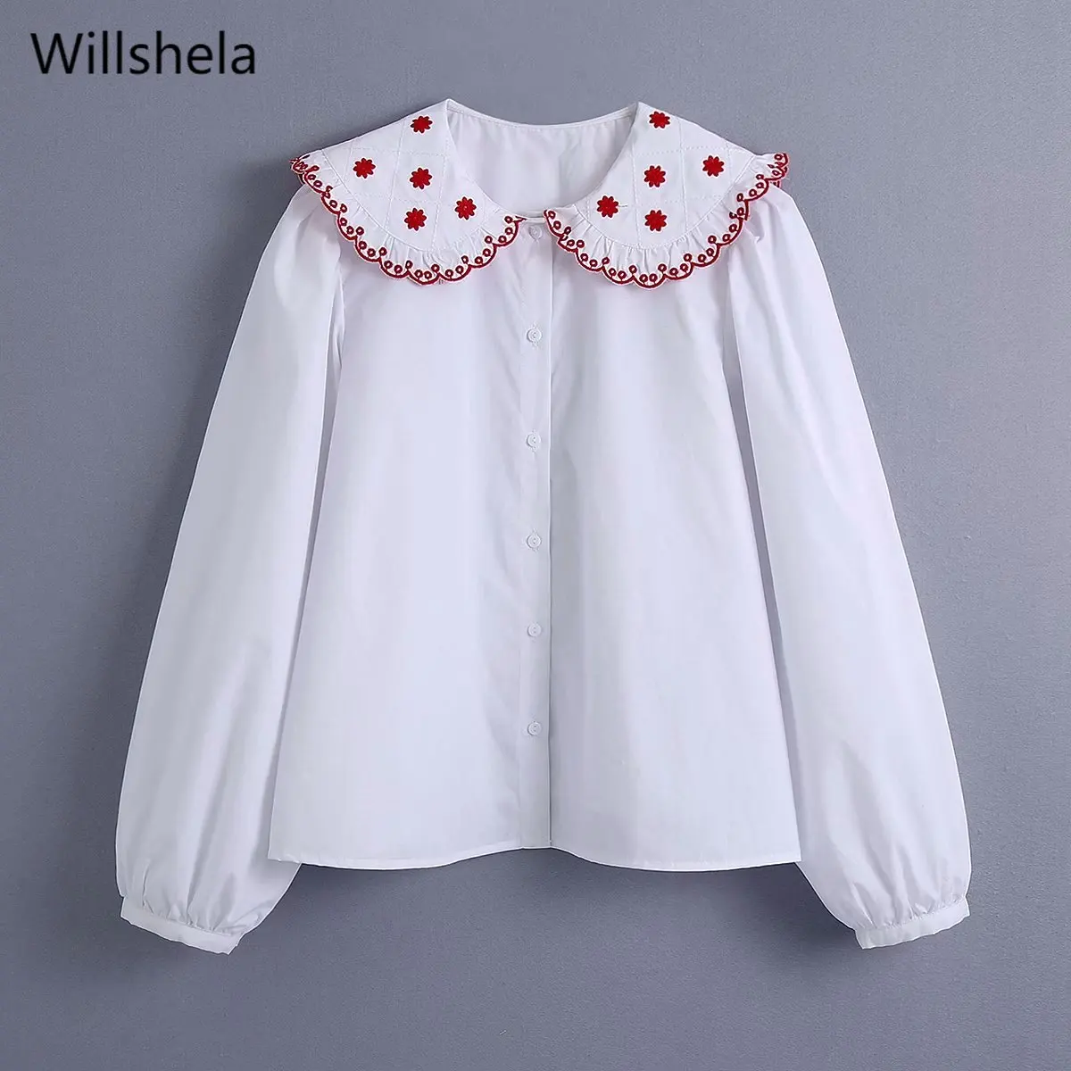 

2021 Women Fashion Solid Embroidery Single Breasted Shirts Long Sleeve Peter Pan Collar Vintage Female Blouse Chic Tops