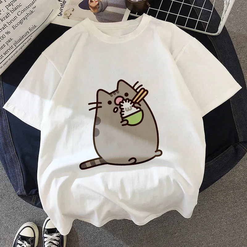 Kawaii, футболка с толстым котом, женская, новинка, летняя, милая, модная, короткий рукав, футболка, белая, тонкая, с секциями, хипстер, футболка, Топы, одежда - Цвет: 20857
