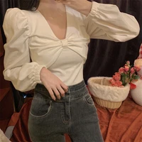 bubble sleeve white long sleeve t shirt 2021 spring and autumn new v neck short design top bottomed sexy t shirt women tshirt