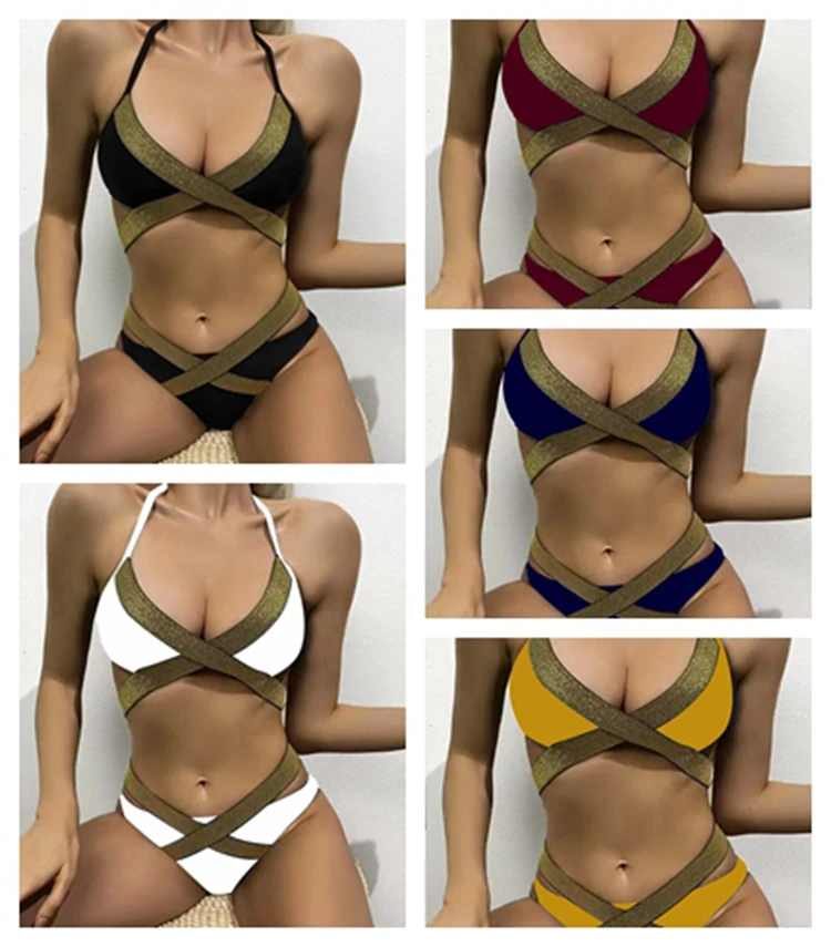 2021 New European and American Fashion Sexy Ladies Split Solid Color Bikini Wwimsuit Strap Cross Bikini Swimsuit