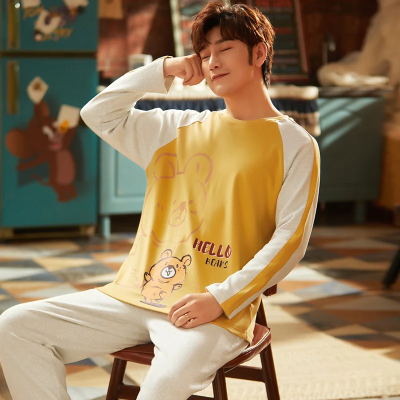 

Loose Casual Outdoor Color Matching Sweet Sleepwear Winter Kawaii Cotton Soft Big Girl Bear Couple Long-sleeved Home Wear