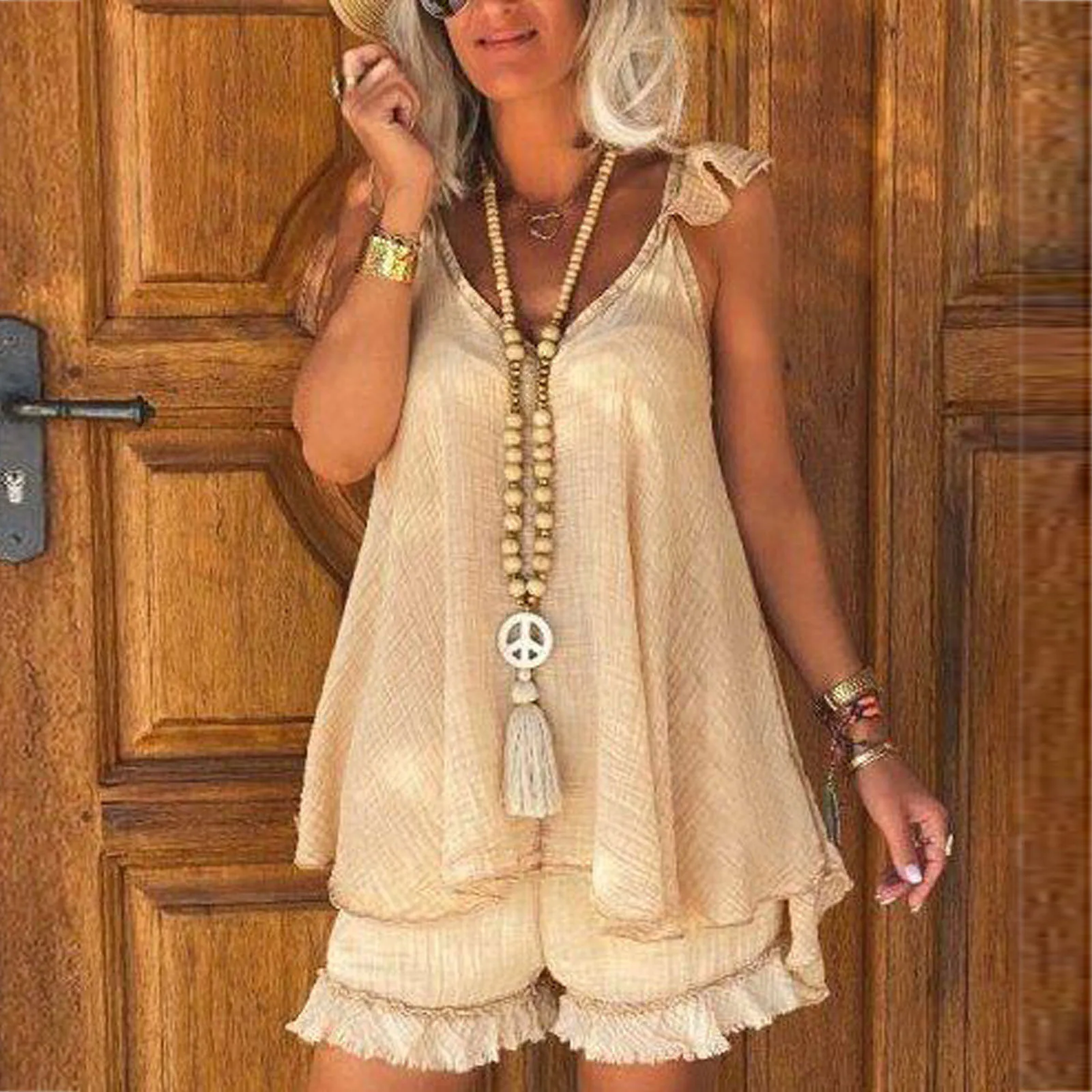 Летний Пляжный однотонный комплект в стиле бохо из двух предметов с шортами и