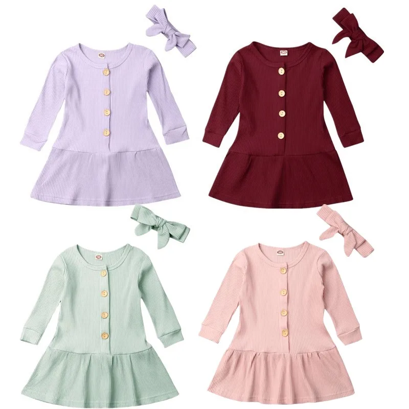 2019 NEW 2pcs Toddler Kids Baby Girls Long Sleeve Knitted Dress Princess Button Winter Warm Dresses with Headband | Детская одежда и