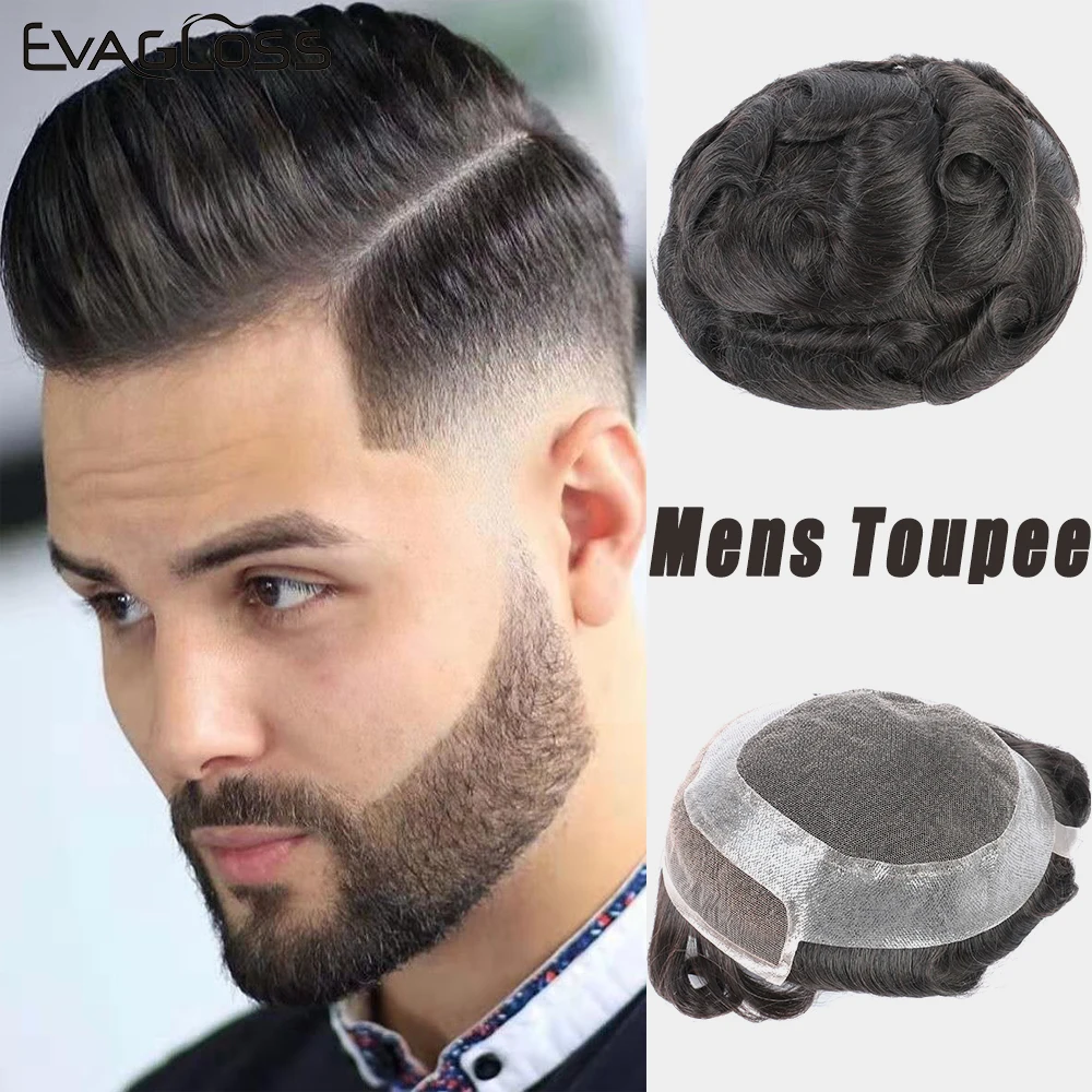 Мужской парик EVAGLOSS из французского кружева с лицевой частью искусственной кожи