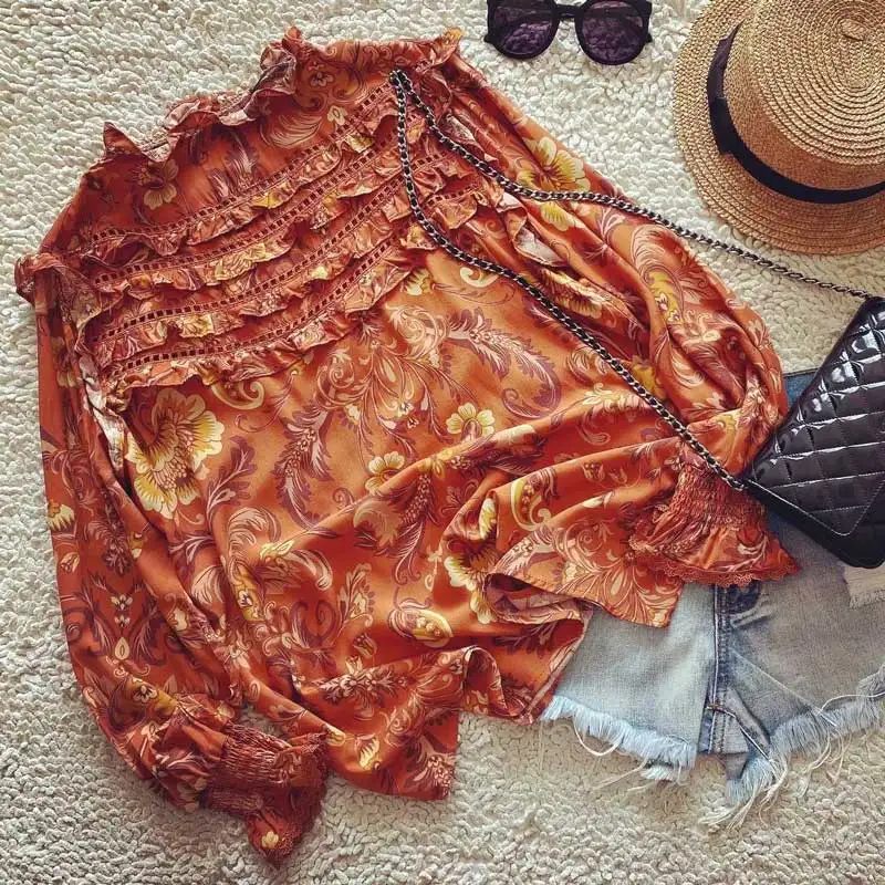 Женская блузка с оборками богемный Вдохновленный Пейсли длинным рукавом рубашка