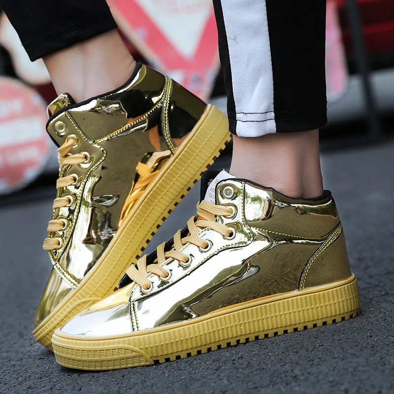 

Mens womens High top Skateboard Shoes Lace-up Sneakers Stylish gold Male Retro Footwear Bright leather Anti-skid nightclub big47