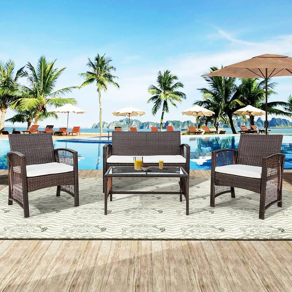 

4 IN 1 Garden Furniture Rattan Chair Table Outdoor Terrace Sofa Backyard Porch Poolside Furniture Set USA Warehouse Shipping