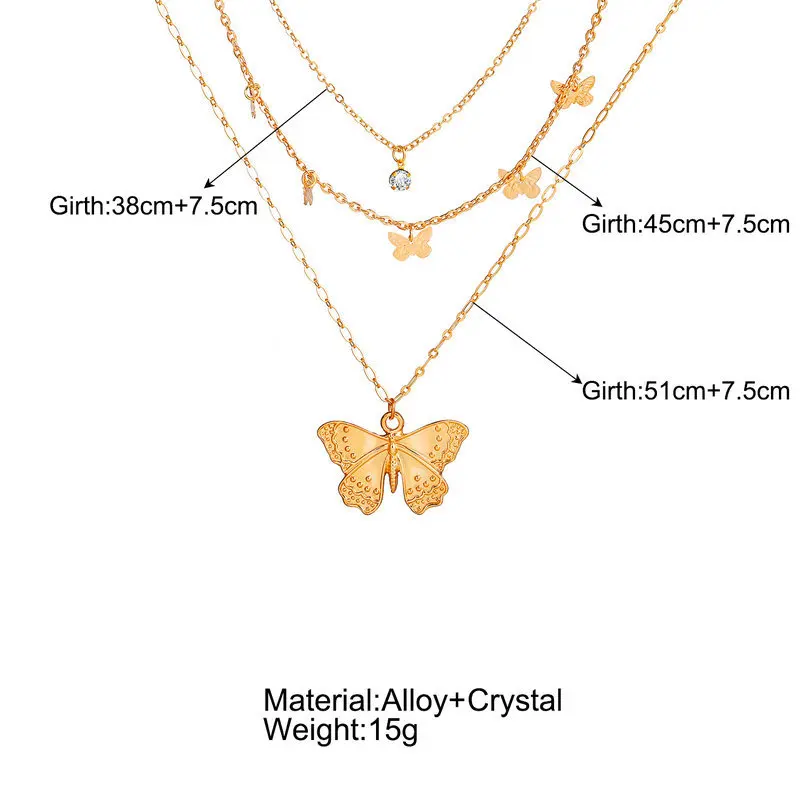 

12 Pieces/Lot Gold Color Butterfly Choker Necklace Jewelry Women Crystal Metal Insect Pendant Multilayer Clavicle Chain Charm