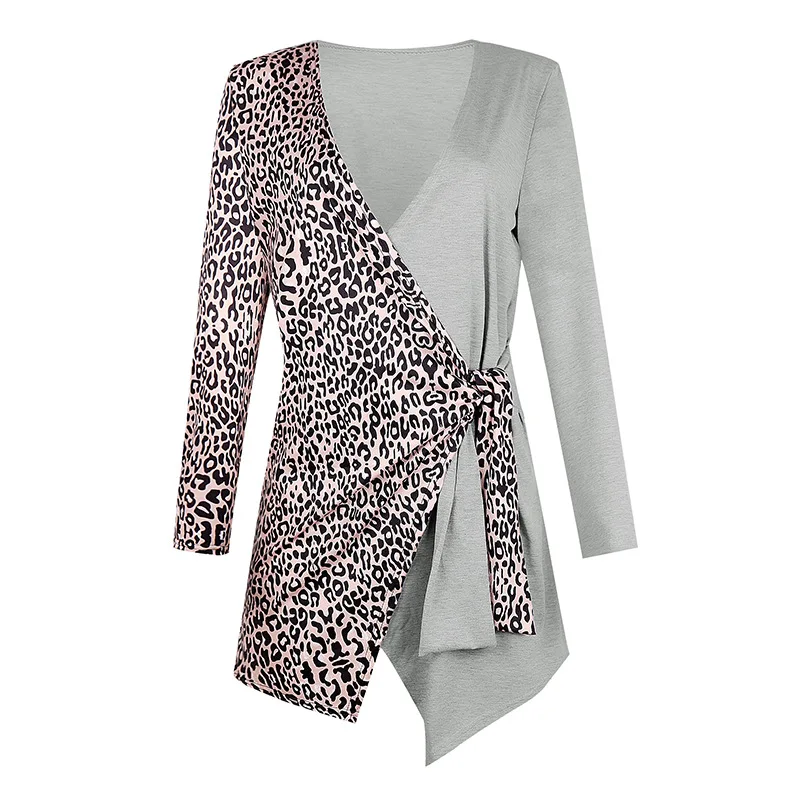 

T Shirts Women Spring and Autumn New Women Clothing V-neck Leopard Print Contrasting Color Long-Sleeved T-shirt