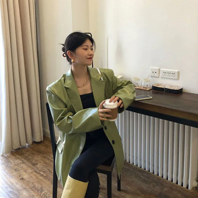 

PU Leather Coat For Women 2021 Korean Loose Fit Lapel Green Long Sleeve Clothes Chic Vintage Female Outwear Jacket