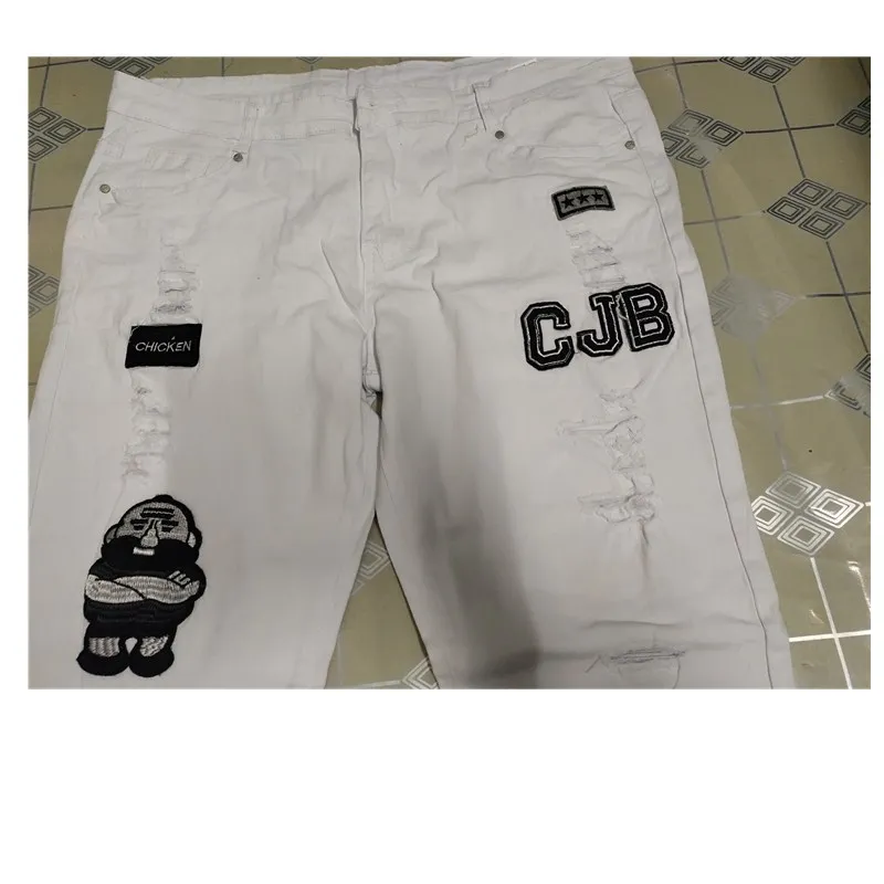 New  Embroidery Men Ripped Skinny Jeans Biker Appliques Jeans Destroyed Hole Taped Slim Fit Denim Scratched High Quality Stretch