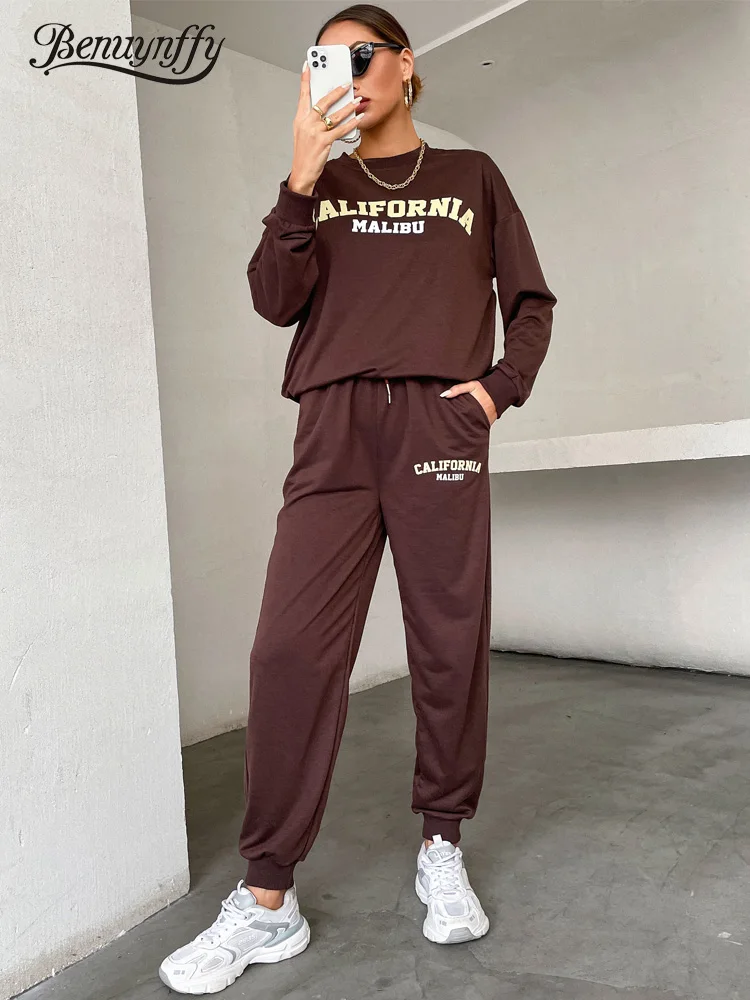 

Весенне-осенний Женский комплект из двух предметов Benuynffy, свитшот с круглым вырезом и штаны с надписью, женский модный спортивный костюм