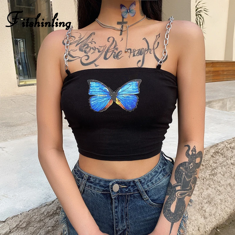 Женский топ на бретельках Fitshinling Butterfly черный облегающий укороченный с цепочкой