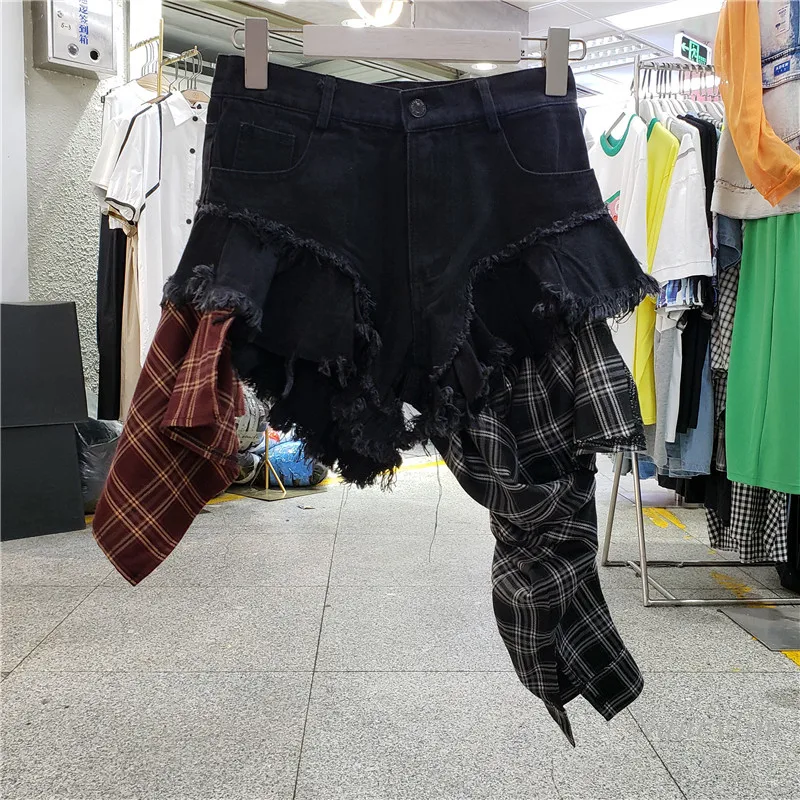 

Harajuku Style Black Shorts Women 2021 Summer New Personalized Design Irregular Ruffled Plaid Stitching Denim Hot Pants Street