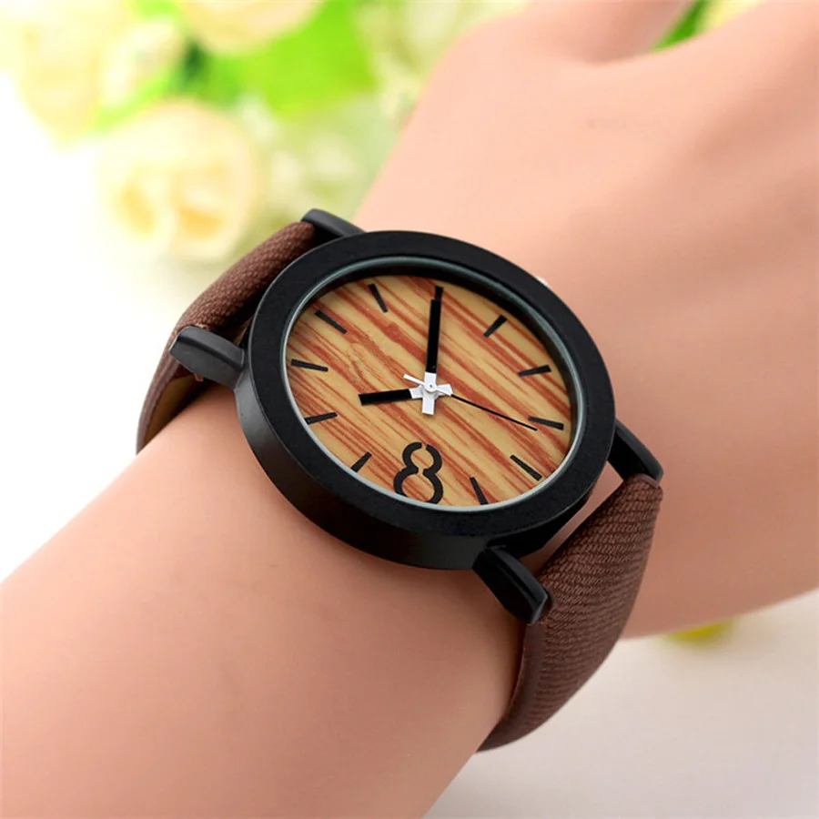 Men Women Quartz Watches Sport Wristwatches Casual Wooden Color Leather Strap Watch Montre Couple Watch Women Clock