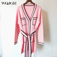 wqjgr cardigan sweater women casual pink v neck loos full sleeves belt single breasted autumn and winter fashion 2022 news