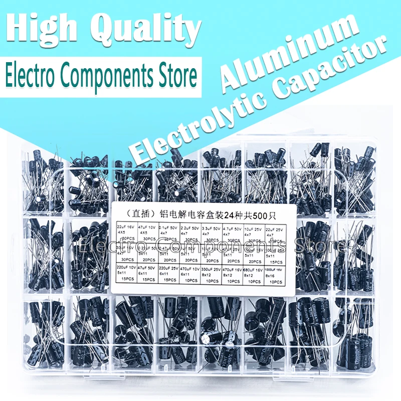 

500Pcs 24Values 0.1UF-1000UF Aluminum Electrolytic Capacitor Assorted Kit Box 24 Values Set of Capacitors Set 10V 16V 25V 50V