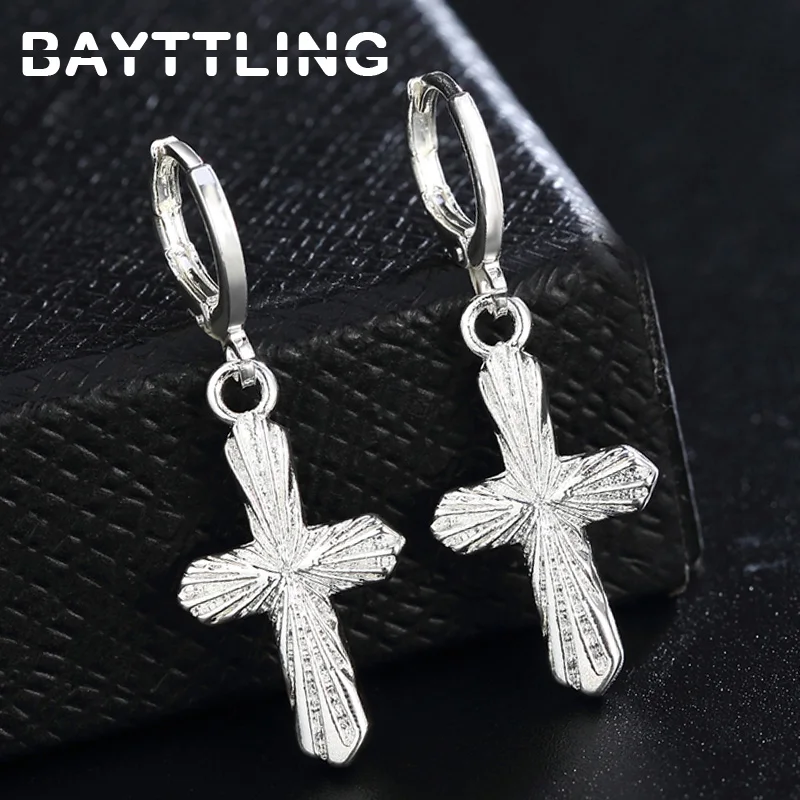 

BAYTTLING 37MM Silver Color Grain Cross Drop Earrings For Woman Fashion Glamour Wedding Earrings Jewelry Gift