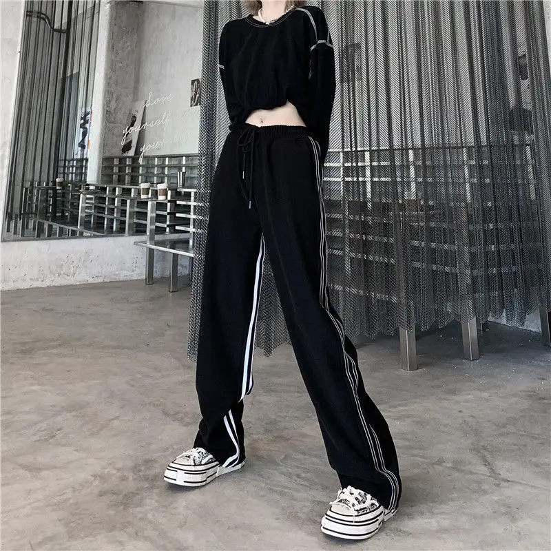 

Casual pants women's spring, summer, autumn, Korean version ins versatile black stripe straight pants loose High Waist Wide Leg