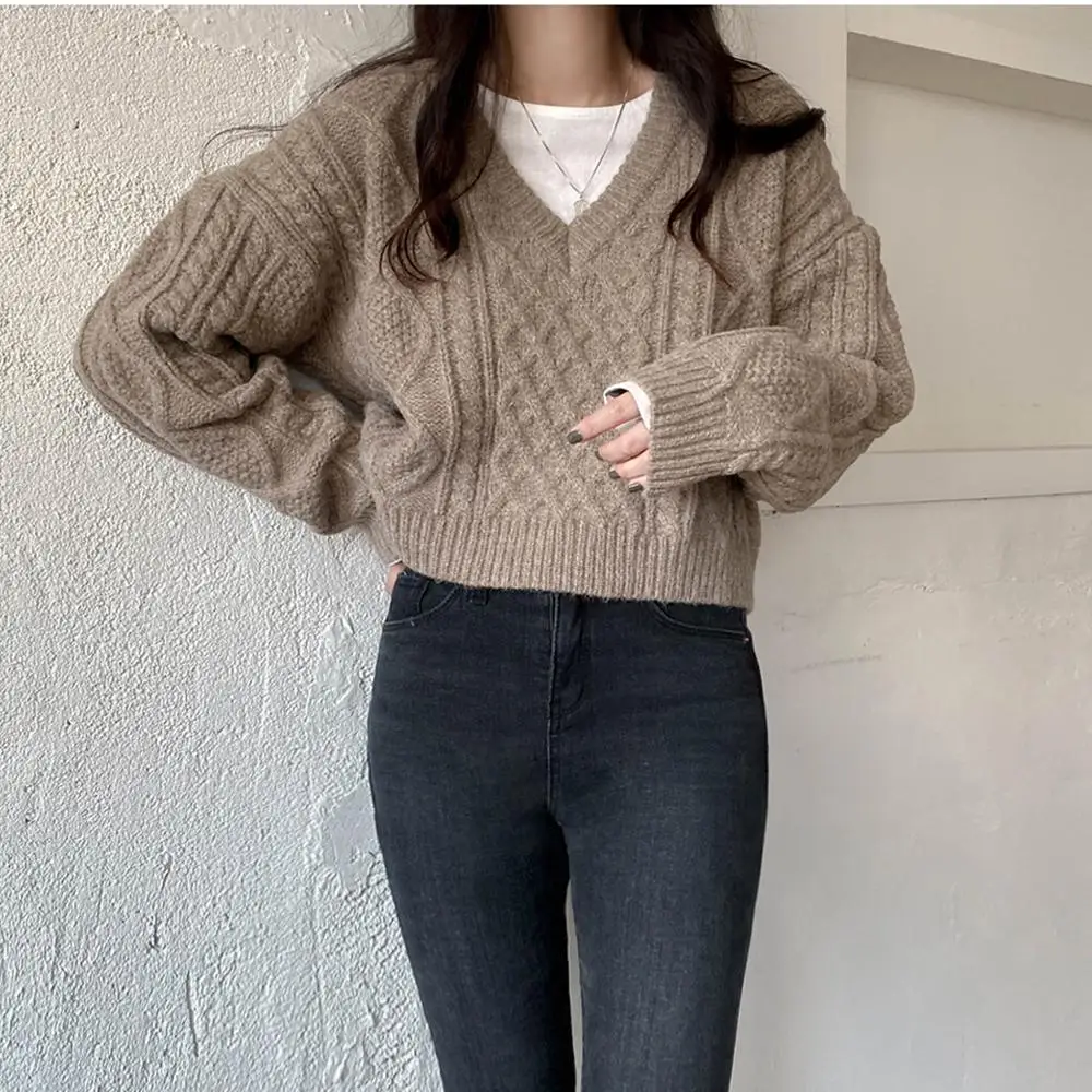 

Thick Twist Pullovers 2020 New Autumn Winter Sweater Women Elegant V-neck Solid Loose Warm Knitted Outwear Short Tops