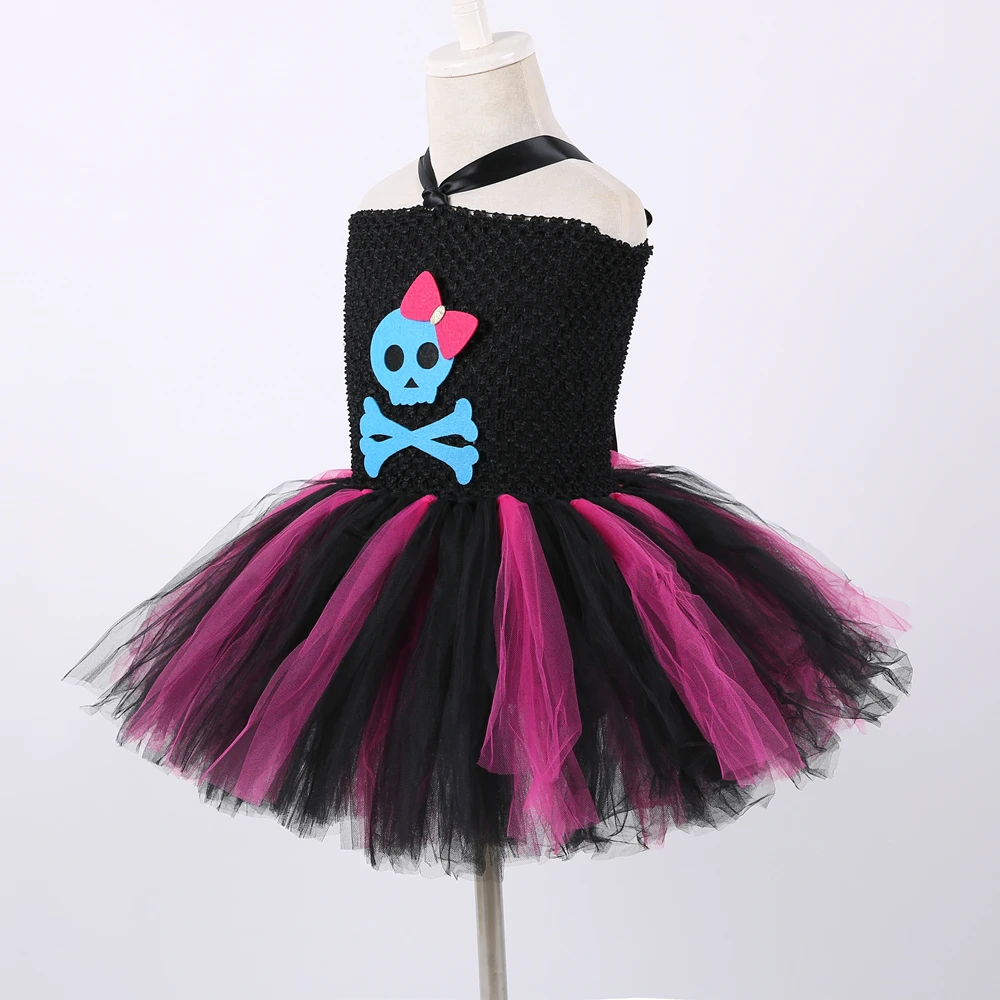 Платье-пачка для девочек Черное и ярко-розовое с изображением черепа | Детская