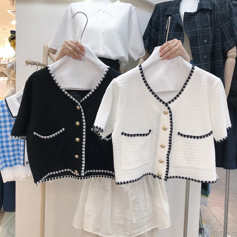 

Short Thin Cardigan Women Summer 2021 Korean Fashion Single Breasted Black White Patchwork V Neck Short Sleeve Knitted Tops T691