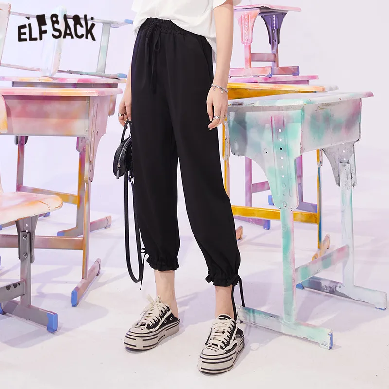 

ELFSACK Solid High Elastic Waist Straight Casual Women Pants 2021 Summer ELF Minimalist Pure Korean Ladies Basic Daily Trouser