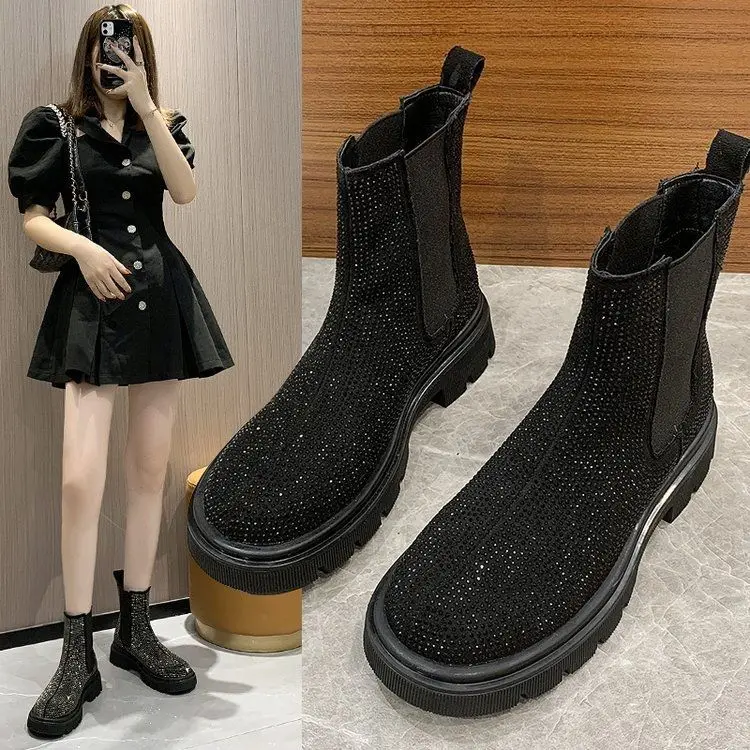 

European Station 2021 Autumn and Winter Women's Genuine Leather Diamond Sleeve All-Matching Toe Short Boots Thick Bottom Trendy