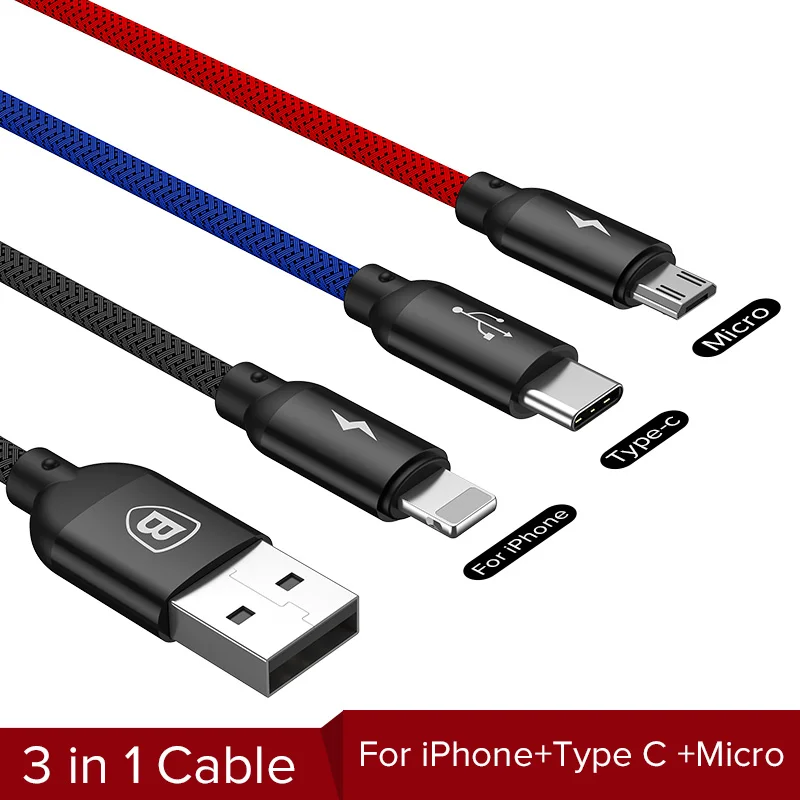 Baseus 3 в 1 USB кабель для iPhone samsung Xiaomi мульти Быстрая зарядка зарядное устройство usb type C type-c Micro USB кабель для мобильного телефона - Цвет: 3 in 1 Cable