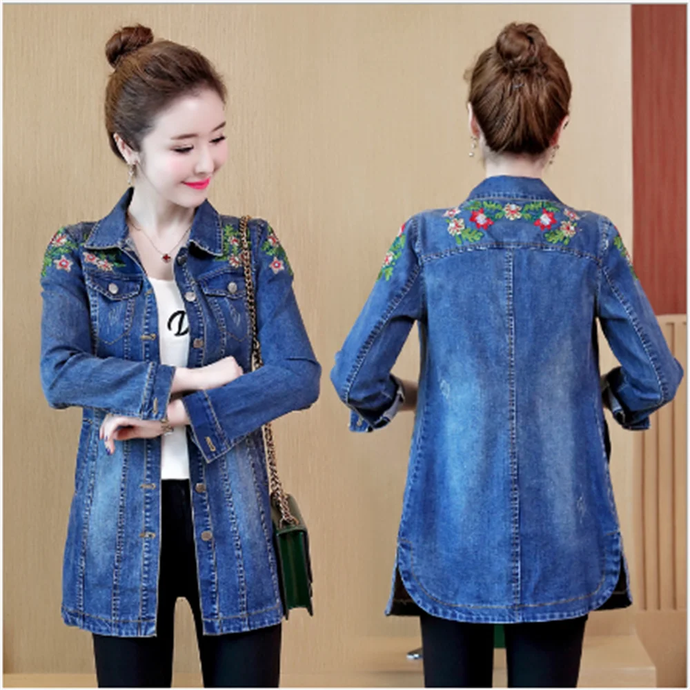 

New Spring Lapel Women's Mid-Length Denim Jacket Slim Waist Retro Long Sleeves Cowboycoat Outwear Tops Parka
