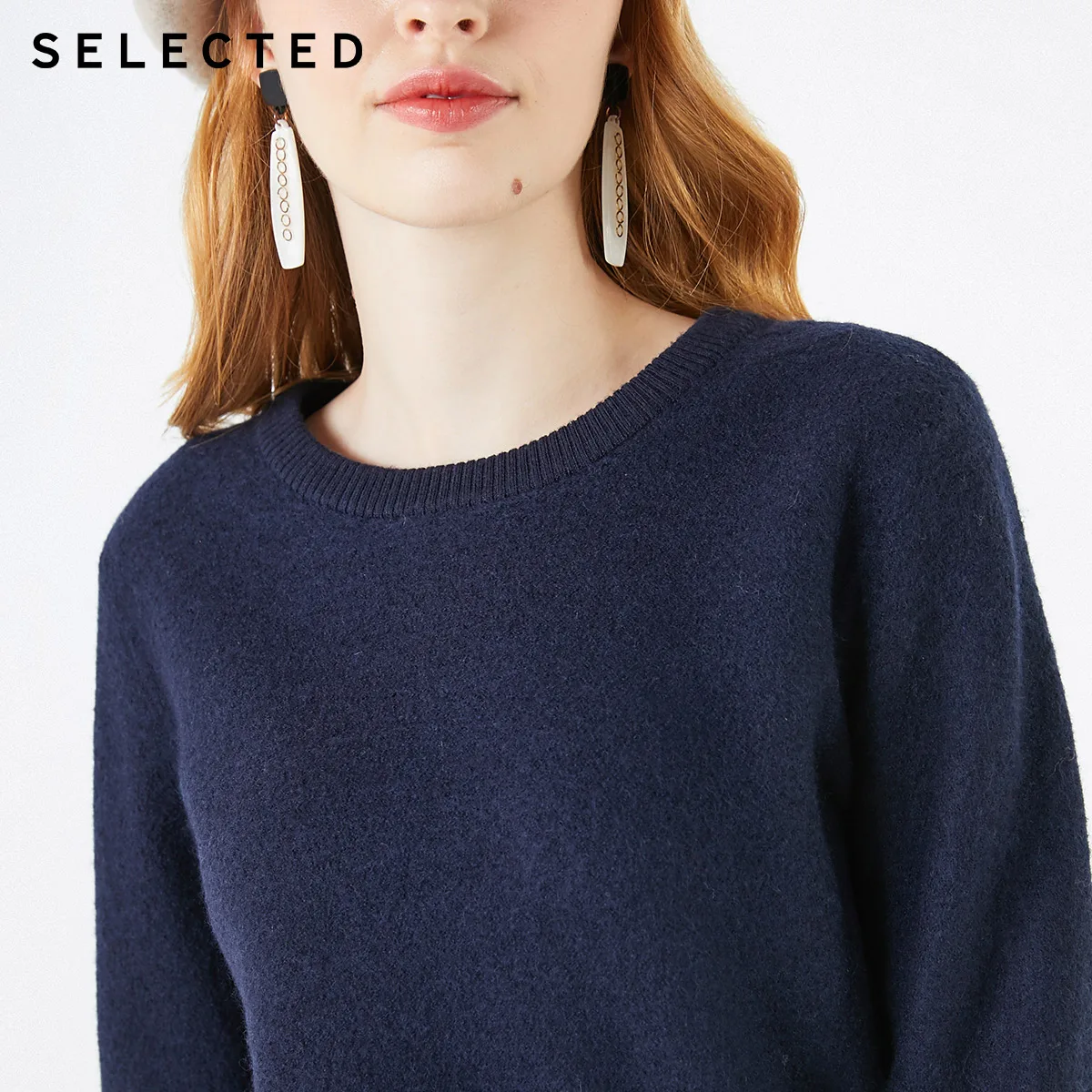 SELECTED Women's Splicing Patch 100% Wool O-Neck Round Sweater R|419413504 | Женская одежда
