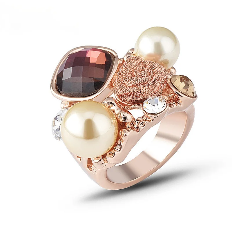 

New Bohemia Hyperbole Rose Flower Ring Rose Gold Color Simulated Pearl & Cubic Zirconia Crystal Rings Fashion Jewelry for Women