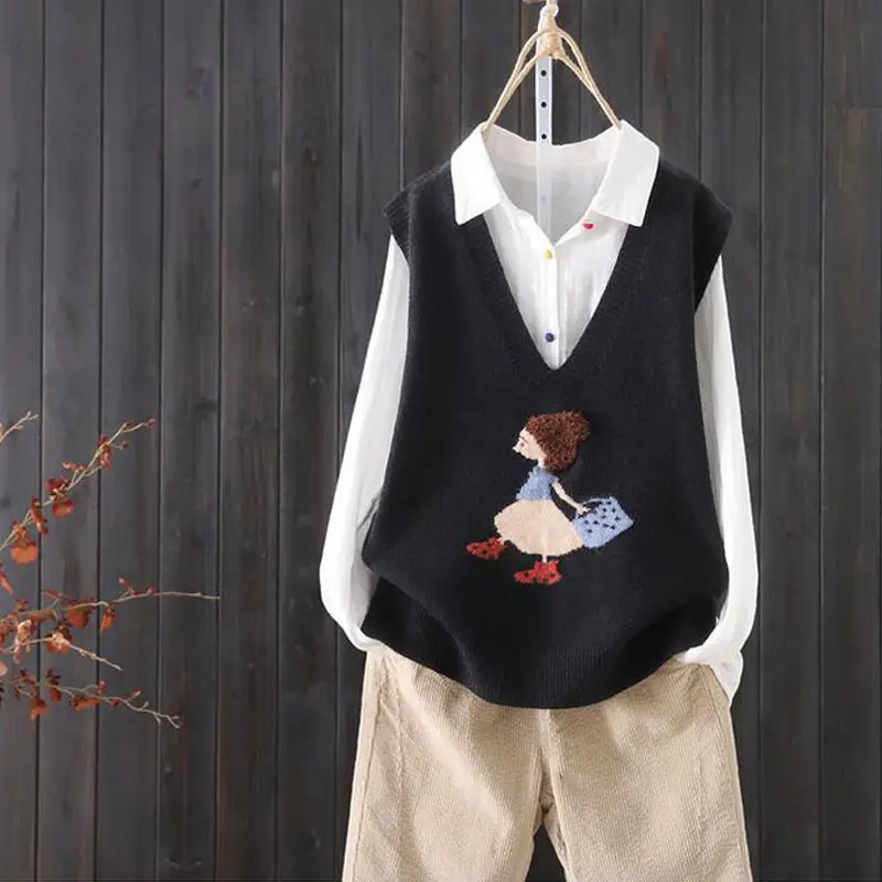 Loose V-neck Knitted Sweater Vest Female Cartoon Pattern Embroidery Sweet Wind Sleeveless Pullover Women Spring | Женская одежда