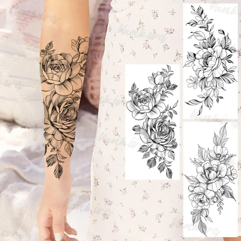 

Black Peony Temporary Tattoos For Women Men Realistic Flower Waterproof Fake Tattoo Sticker Sexy Arm Body Tatoos Hot Sale