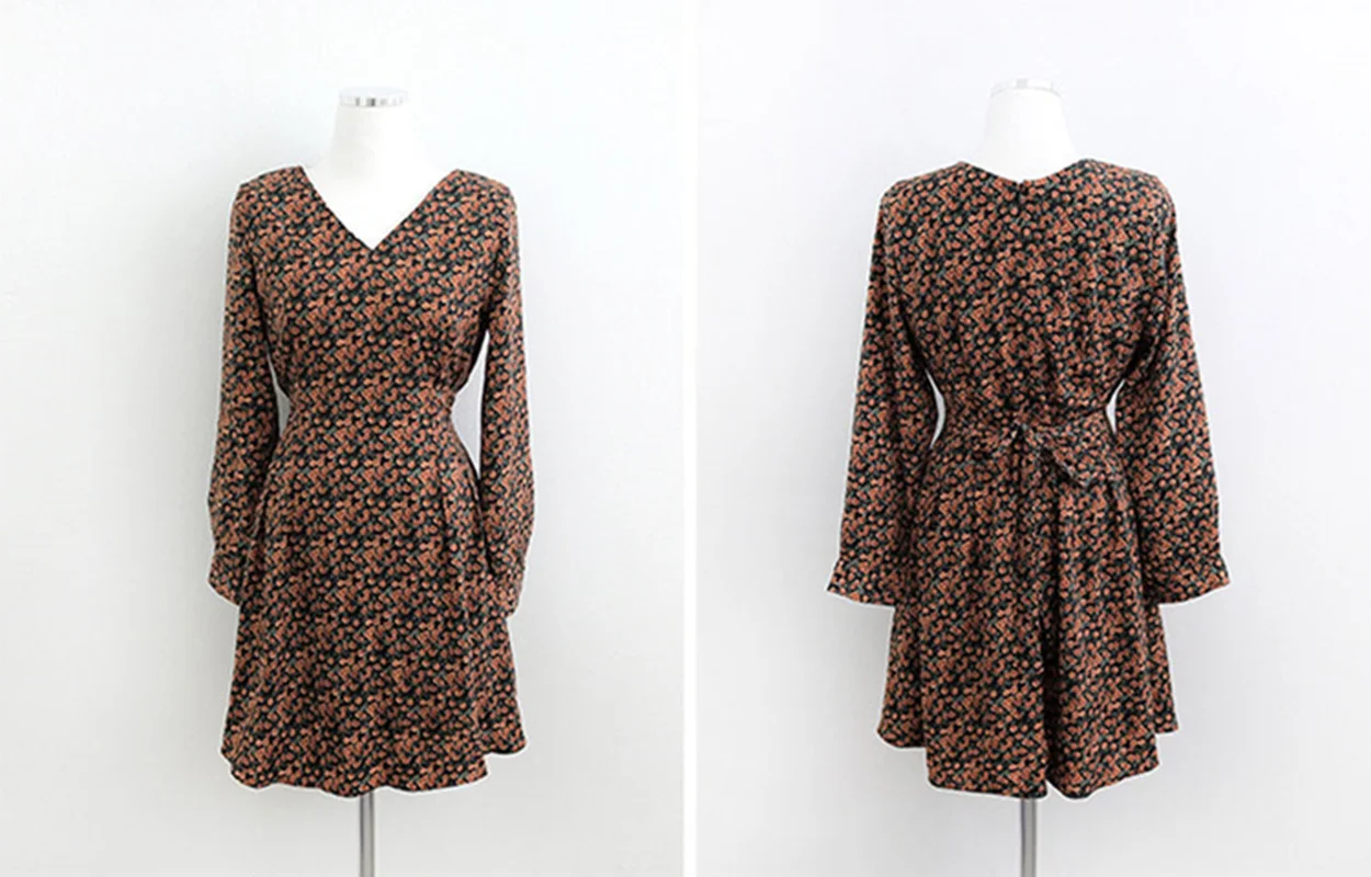 

GOOHOJIO New Spring Summer Women Dresses V-Neck High Waist Floral Lace Up Casual Fashionable Chiffon Vintage Above Knee Dresses