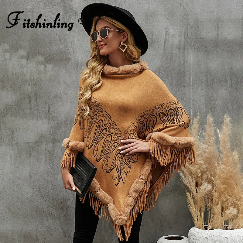 

Fitshinling Fur Scarf Collar Winter Poncho Femme Bohemian Irregular Oversized Knitted Sweater Cape Hairy Furry Long Cloak New