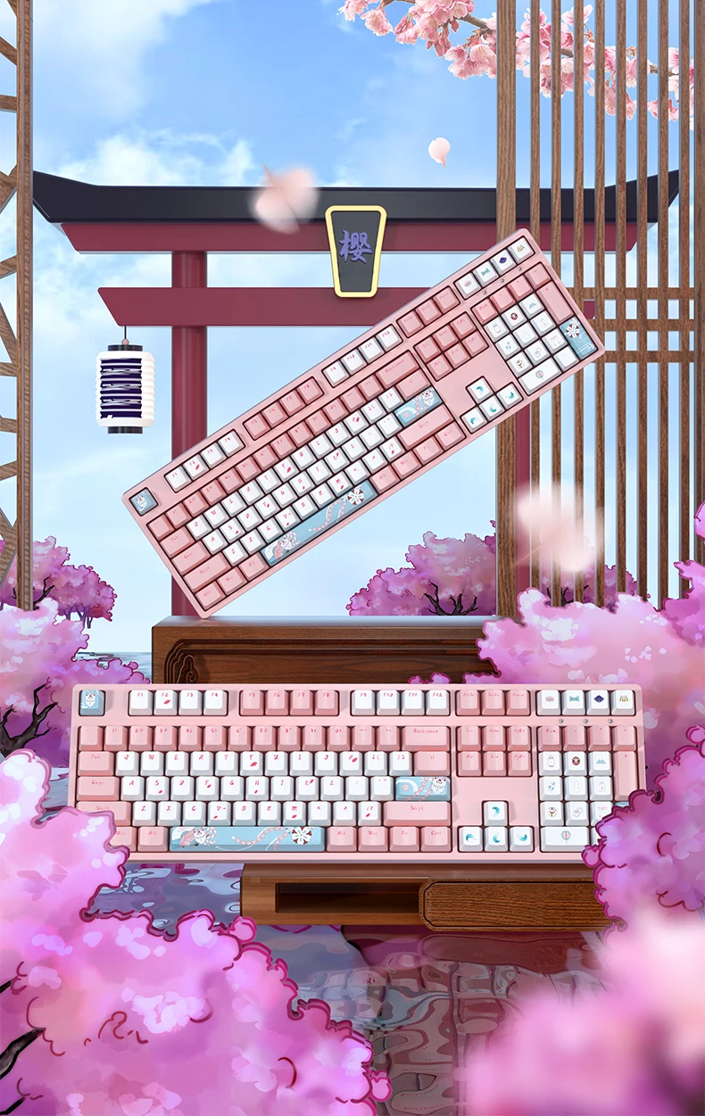 

Japanese style Ikbc Fox Cherry blossom mechanical keyboard 108 keys Mild wind sakura pink wired TTC switches gaming keyboard