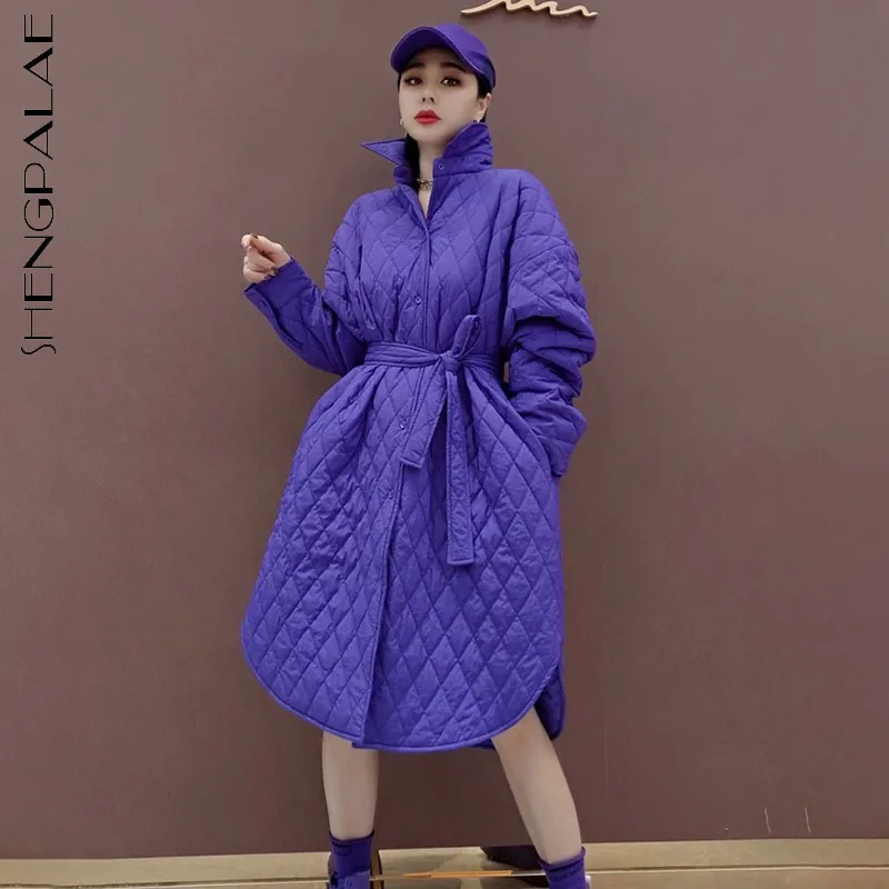 

SHENGPALAE модное фиолетовое хлопковое пальто с узором в виде аргайлов, Женское зимнее пальто 2021, новое теплое Свободное пальто с отворотом, на ш...