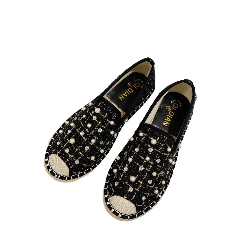 

Casual Woman Shoe Pearl Decorateion Crystal Female Footwear Slip-on Elegant Round Toe Modis New Beading Rhinestone Dress Slip On