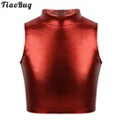 TiaoBug для маленькой девочки без рукавов с отделкой металлик с высоким, плотно облегающим шею воротником; Укороченный топ с бретельками; Одежда; Костюм для занятий балетом, для выступлений на сцене тренировки