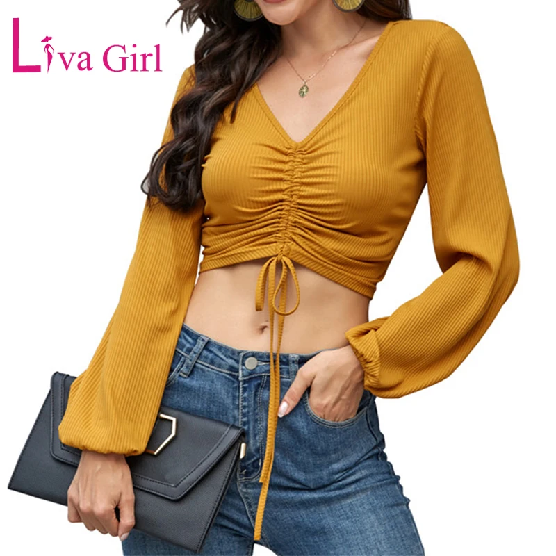 

LIVA GIRL Long Sleeve Bandage Crop Tops for Woman Chic Lace Up Sexy V-neck Short T-shirts Casual Female Body Tops Tunique S-XL