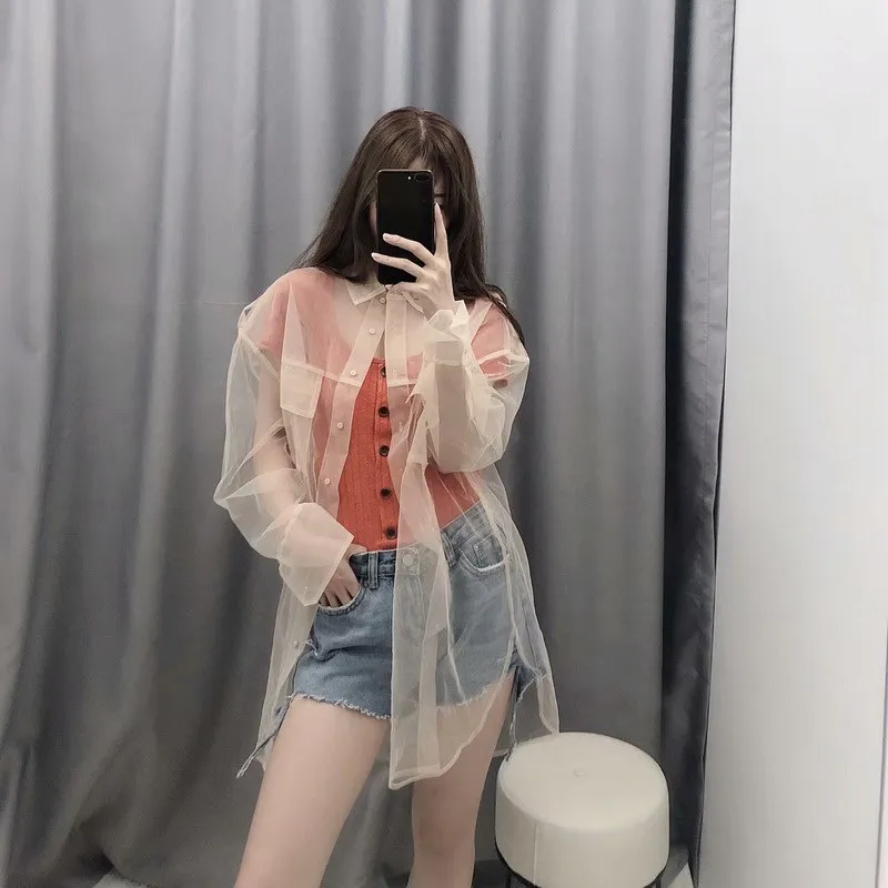 Модная женская бежевая прозрачная блузка с отложным воротником сетчатая рубашка