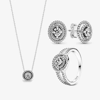 2021 new 925 sterling silver clear crystal sparkling double halo ring necklace and earrings for women wear geometric jewelry set