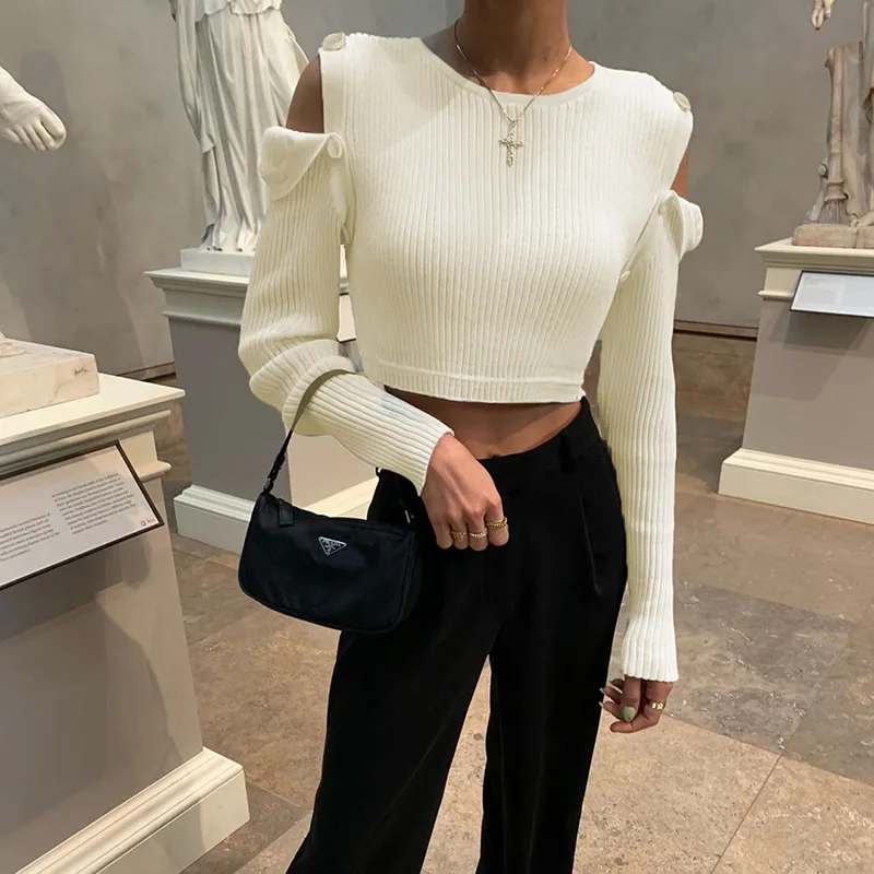 

Модный повседневный Женский Осенний укороченный топ белого цвета с длинным рукавом и пуговицами, короткая футболка со съемным рукавом в ст...