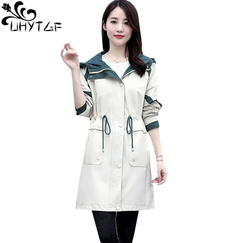 

UHYTGF Loose 3XL plus size windbreaker womens solid color wild casual spring autumn coats female fashion hooded trench coat 1002