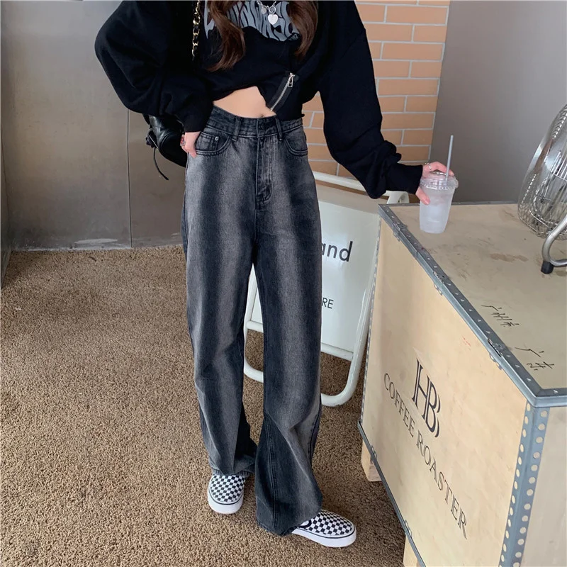 

spring 2021 new Korean color contrast wash jeans high waist casual straight tube wide leg pants women