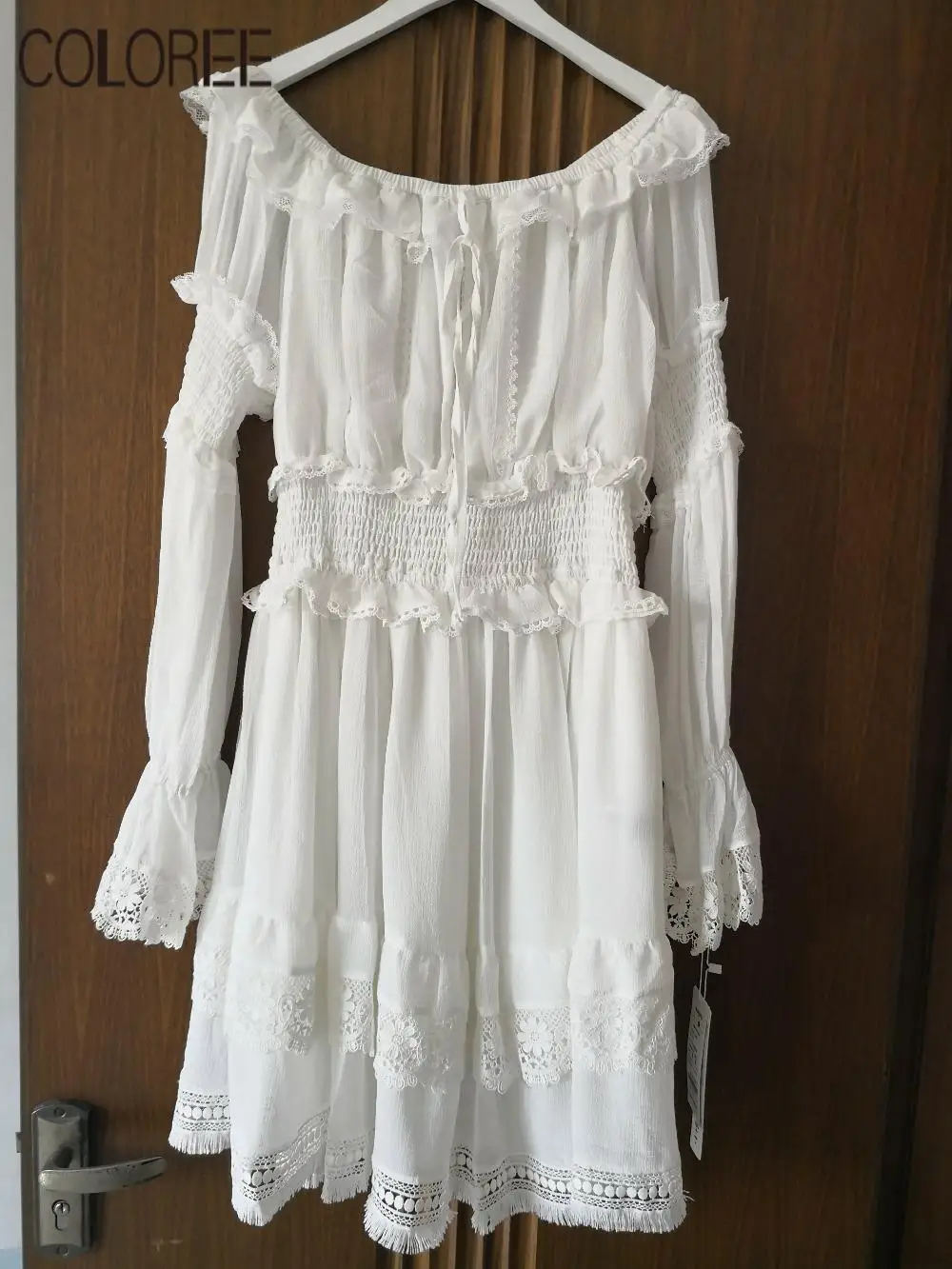 

Summer White Boho Beach Dresses Women 2020 Elegant Ruffles Long Sleeve Lace Chiffon Patchwork Midi Pleated Woman Dress